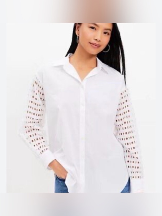 LOFT Tops - LOFT White Button-Down Shirt with Eyelet Detail - Medium NWT